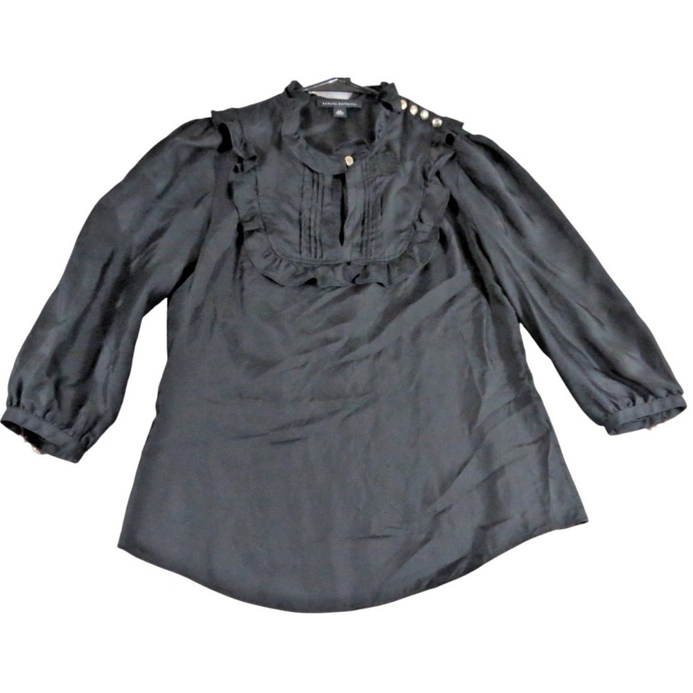Banana Republic Blouse Women XS Black 100% Silk Ruffle Frill Bib Button Top Boho